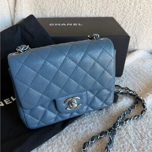 Worn Preloved Chanel caviar Mini Flap Bag in lavender/dusty blue